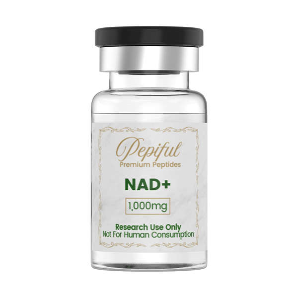 A glass vial containing NAD+ (1,000mg) labeled for premium peptides and marked for research use only, not for human consumption.