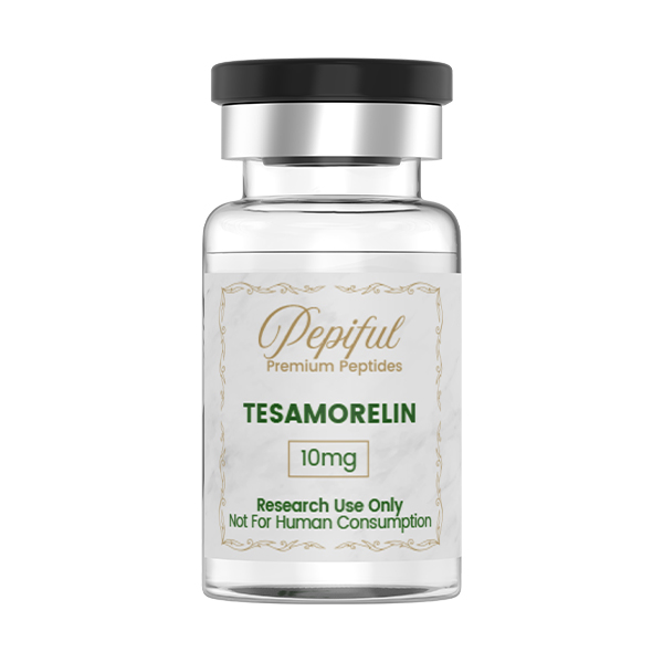 A clear glass vial labeled 'Pepiful Premium Peptides TESAMORELIN 10mg' with a black and silver cap, indicating 'Research Use Only Not For Human Consumption'.